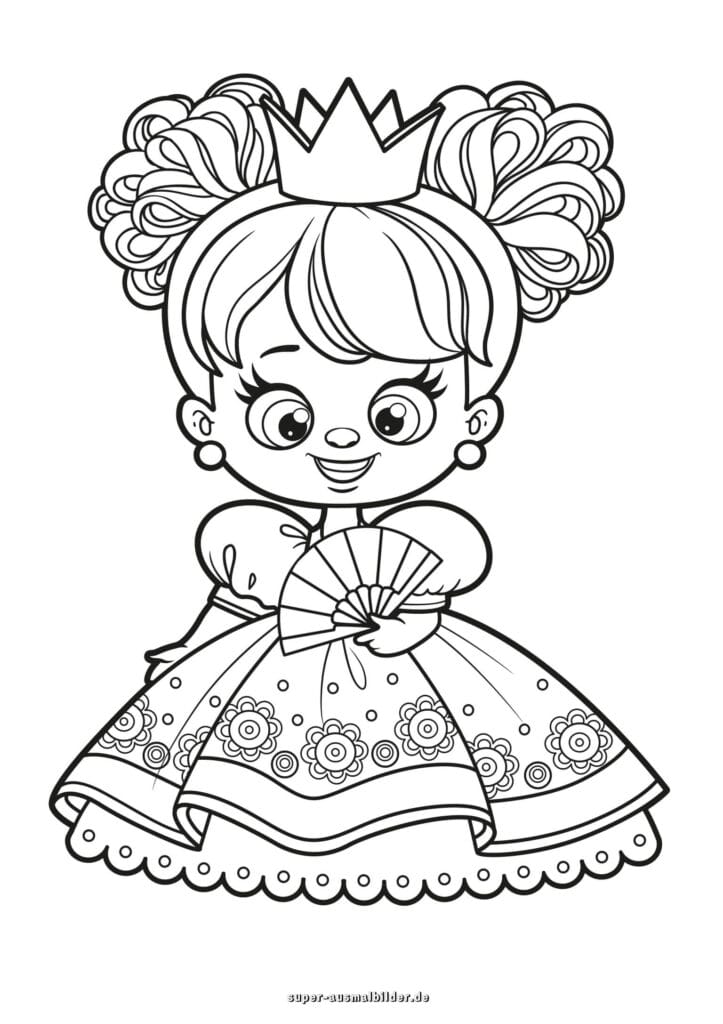 Prinzessin mit Fächer – Ausmalbild Prinzessin im Kleid mit Blumenmuster und Fächer, Malvorlage kostenlos