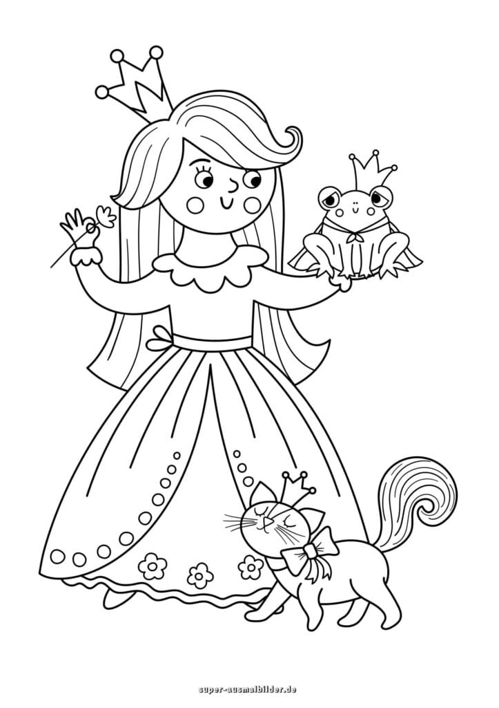 Prinzessin mit Froschkönig – Ausmalbild Prinzessin hält Frosch mit Krone, daneben Katze mit Schleife, Malvorlage kostenlos