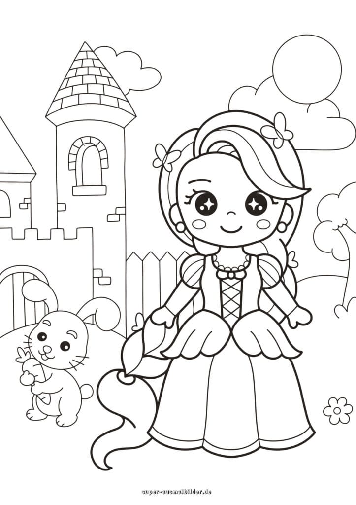 Prinzessin mit Hase – Ausmalbild Prinzessin im Schlossgarten mit Häschen, Malvorlage kostenlos für Kinder