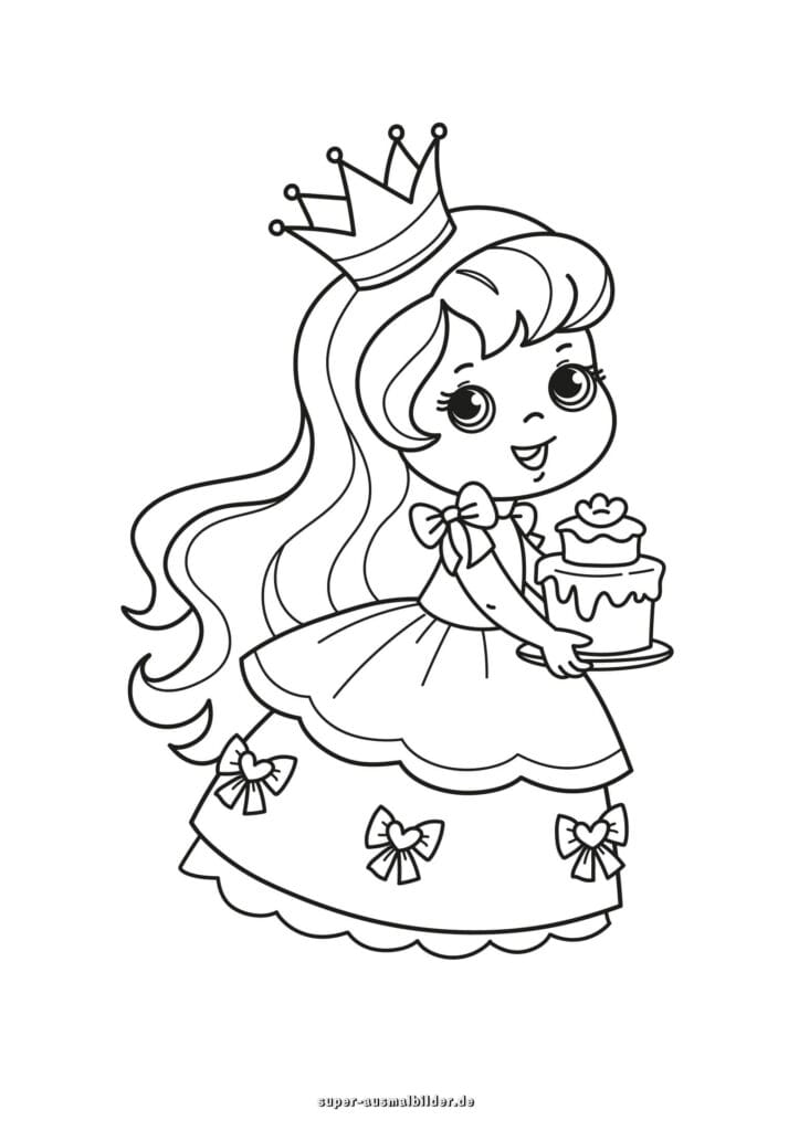 Prinzessin mit Kuchen Ausmalbild – Süße Prinzessin mit Krone trägt Torte, Malvorlage kostenlos zum Ausdrucken