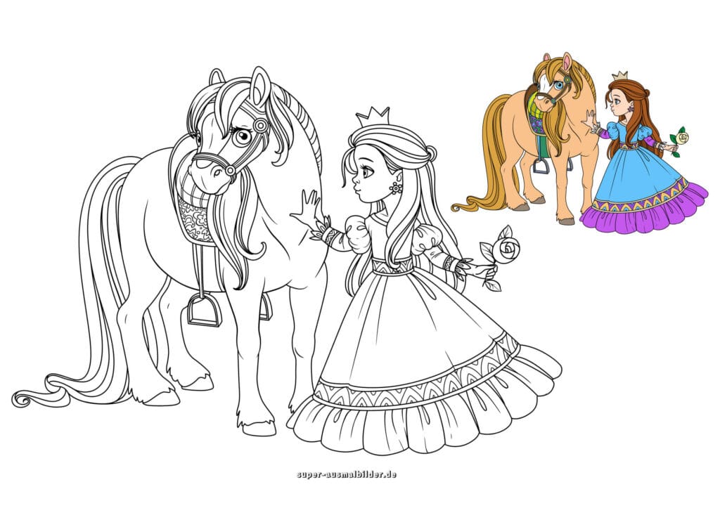 Prinzessin mit Pferd Ausmalbild – Prinzessin mit Rose neben Pony, Malvorlage kostenlos zum Ausdrucken (mit farbigem Beispiel)