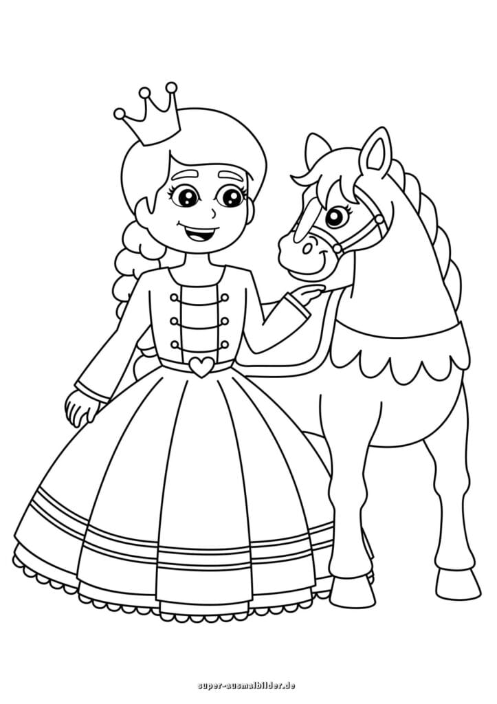 Prinzessin mit Pferd – Ausmalbild Prinzessin im Kleid streichelt Pony, Malvorlage kostenlos zum Ausdrucken