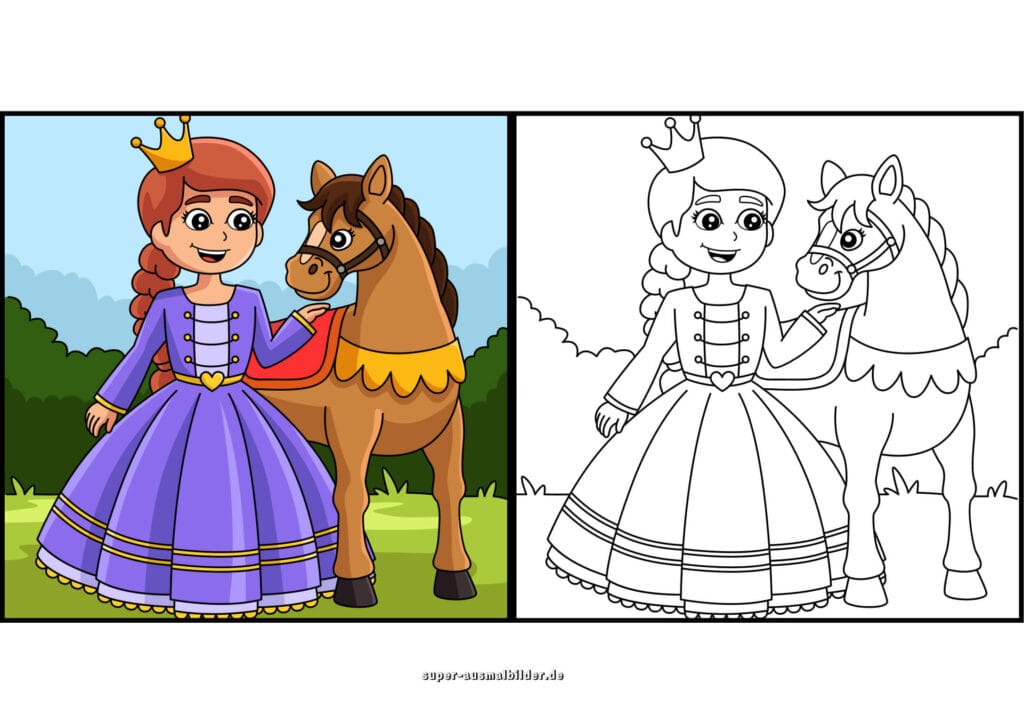 Prinzessin mit Pferd – Ausmalbild Prinzessin streichelt Pony, Schloss im Hintergrund, Malvorlage kostenlos (mit farbigem Beispiel)