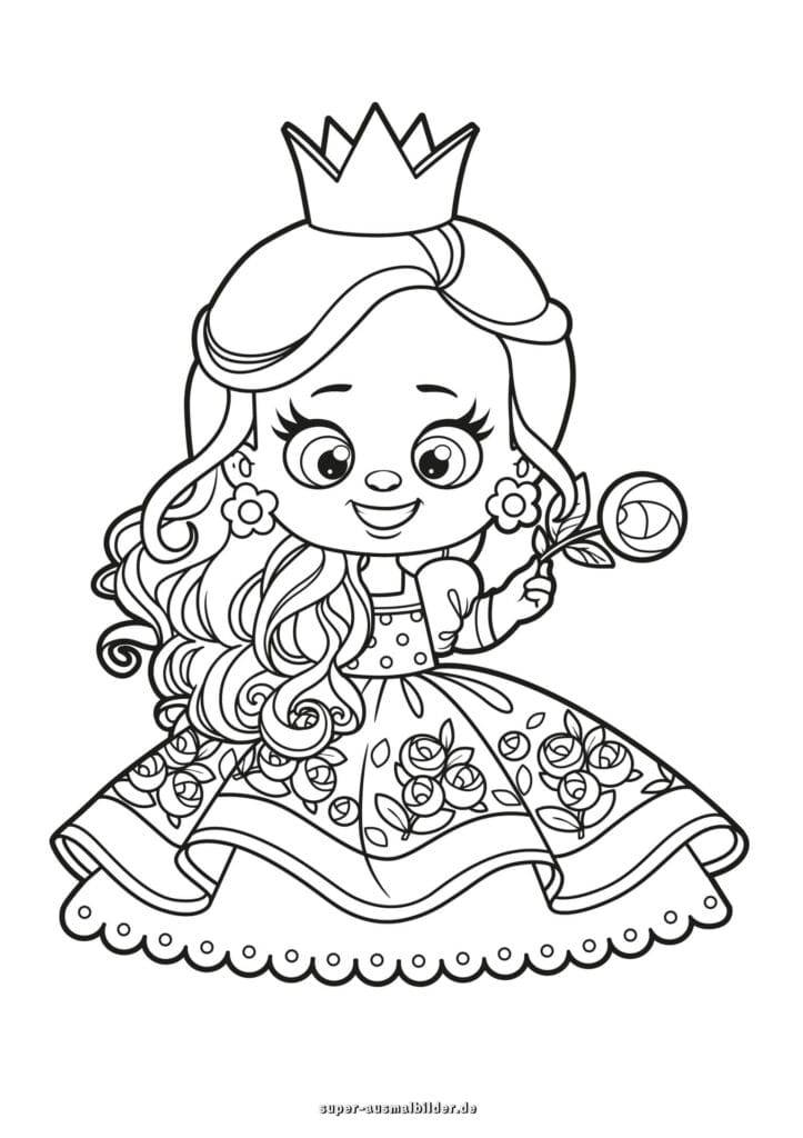 Prinzessin mit Rose Ausmalbild – Märchenhafte Prinzessin mit Krone und Rosenkleid, Malvorlage kostenlos für Kinder
