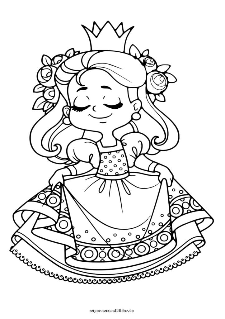Prinzessin mit Rosenkranz – Ausmalbild Prinzessin mit Blumen im Haar und Krone, Malvorlage kostenlos für Kinder
