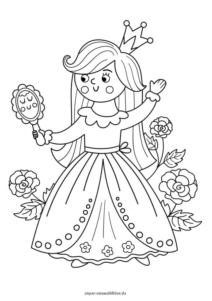 Prinzessin mit Spiegel – Ausmalbild Prinzessin im Kleid betrachtet sich im Spiegel, Malvorlage kostenlos für Kinder