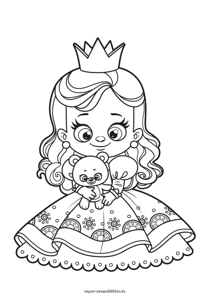 Prinzessin mit Teddybär – Süße Prinzessin im Kleid mit Krone hält Plüschtier, Malvorlage kostenlos zum Ausdrucken