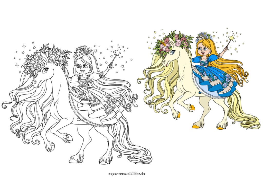 Prinzessin reitet Einhorn – Ausmalbild Prinzessin im Kleid mit Zauberstab auf Einhorn, Malvorlage kostenlos (mit farbigem Beispiel)