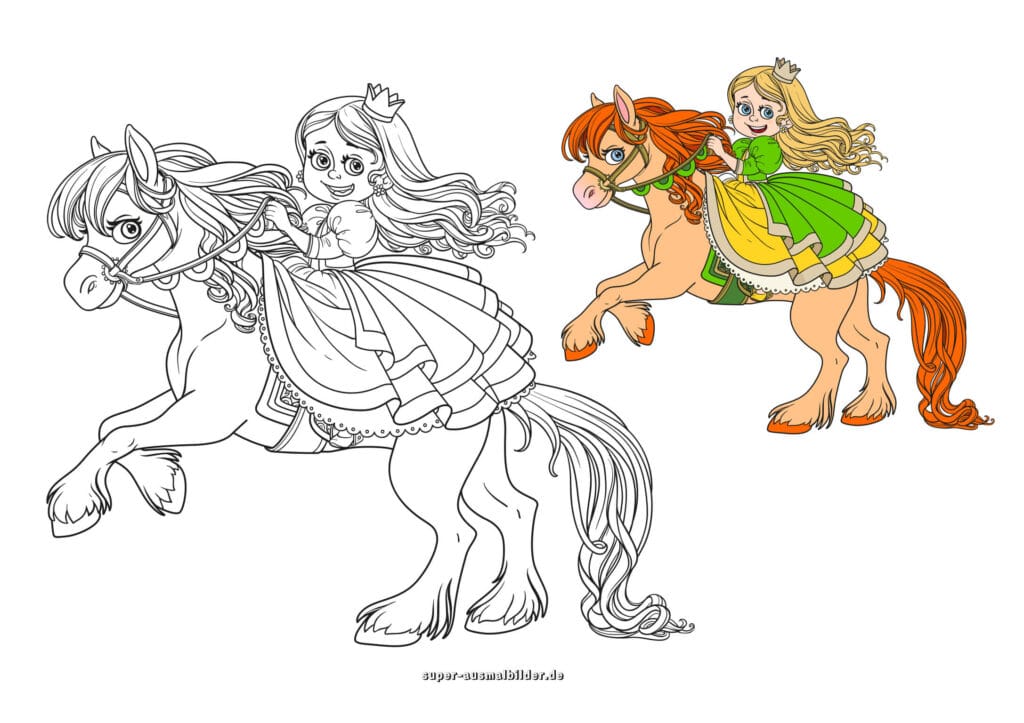 Prinzessin reitet Pferd – Ausmalbild Prinzessin auf Pony im Galopp, Malvorlage kostenlos für Kinder (mit farbigem Beispiel)