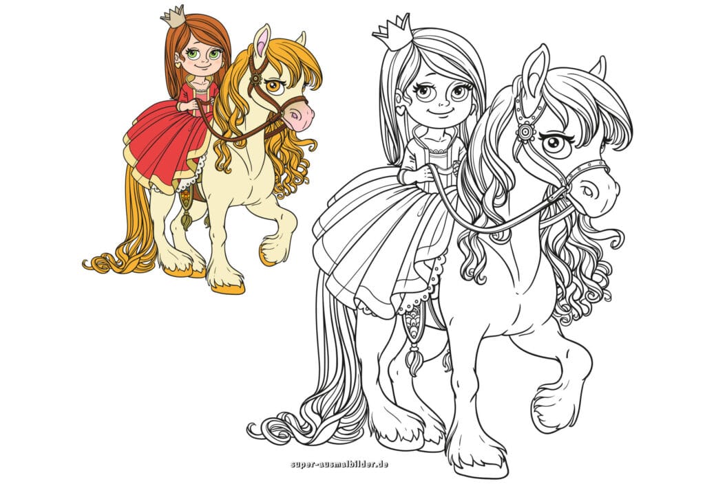 Prinzessin reitet Pferd – Ausmalbild Prinzessin auf Pony mit Krone, Märchen Malvorlage für Kinder (mit farbigem Beispiel)