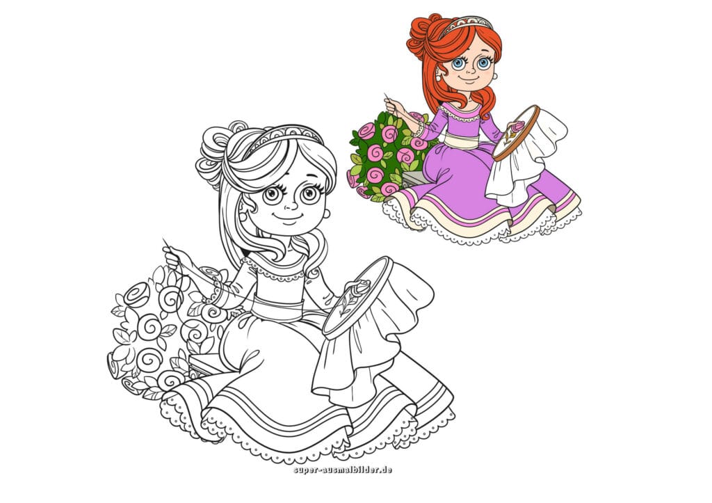 Prinzessin stickt Rosen – Ausmalbild Prinzessin beim Sticken mit Blumen, Malvorlage kostenlos für Kinder (mit farbigem Beispiel)