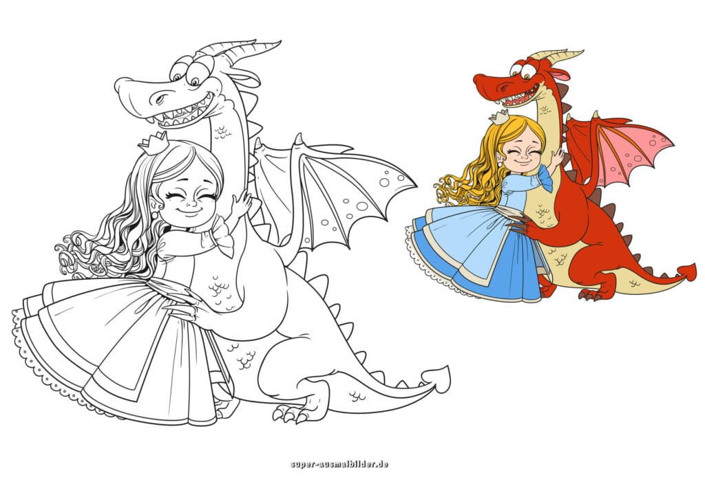 Prinzessin umarmt Drachen – Ausmalbilder Prinzessin mit Drache, kostenlose Malvorlage für Kinder (mit farbigem Beispiel)