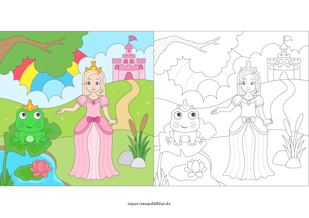 Prinzessin und Froschkönig Ausmalbild – Malvorlage Prinzessin mit Frosch und Schloss im Hintergrund, kostenlos für Kinder (mit farbigem Beispiel)