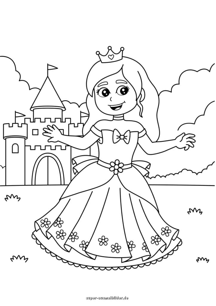Prinzessin vor Schloss – Ausmalbild Prinzessin im Kleid mit Krone vor Märchenschloss, Malvorlage zum Ausdrucken