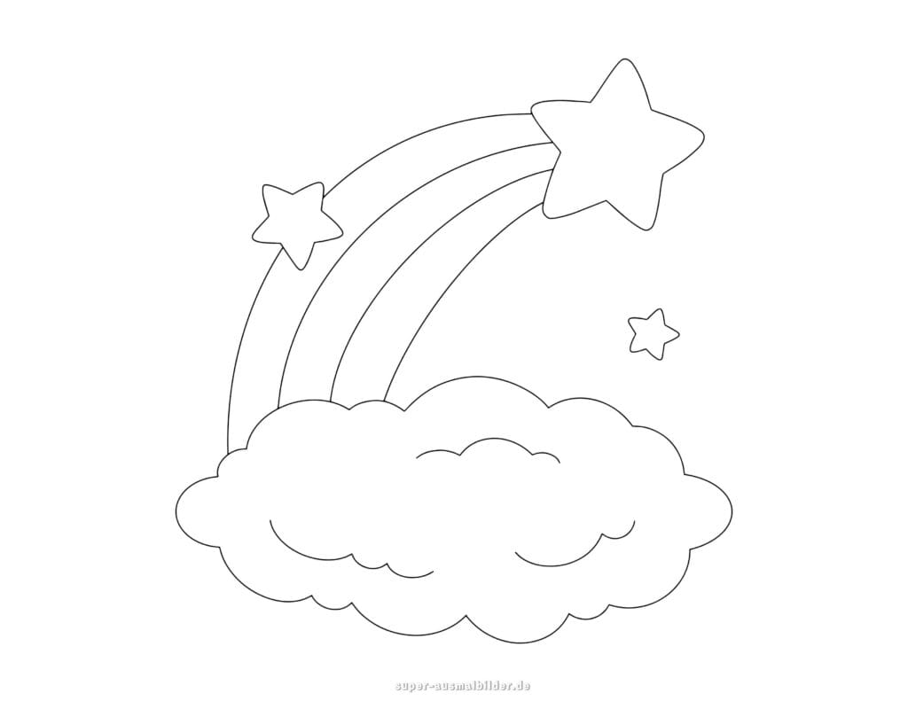 Regenbogen Ausmalbild Wolke mit Sternen, einfache Malvorlage für Kinder, kostenlos zum Ausdrucken