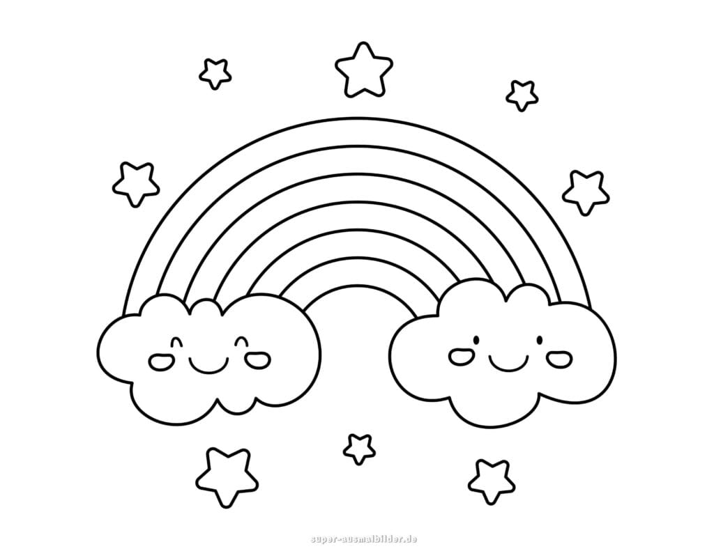 Regenbogen Ausmalbild zwei Wolken mit Gesicht und Sternen, einfache Malvorlage für Kinder zum Ausmalen