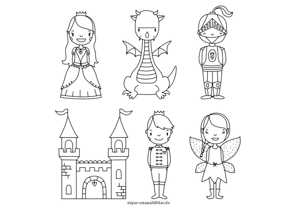 Ritter, Prinzessin und Drache – Märchenhafte Ausmalbilder mit Schloss, Ritter, Fee und Prinz, Malvorlagen kostenlos zum Ausdrucken
