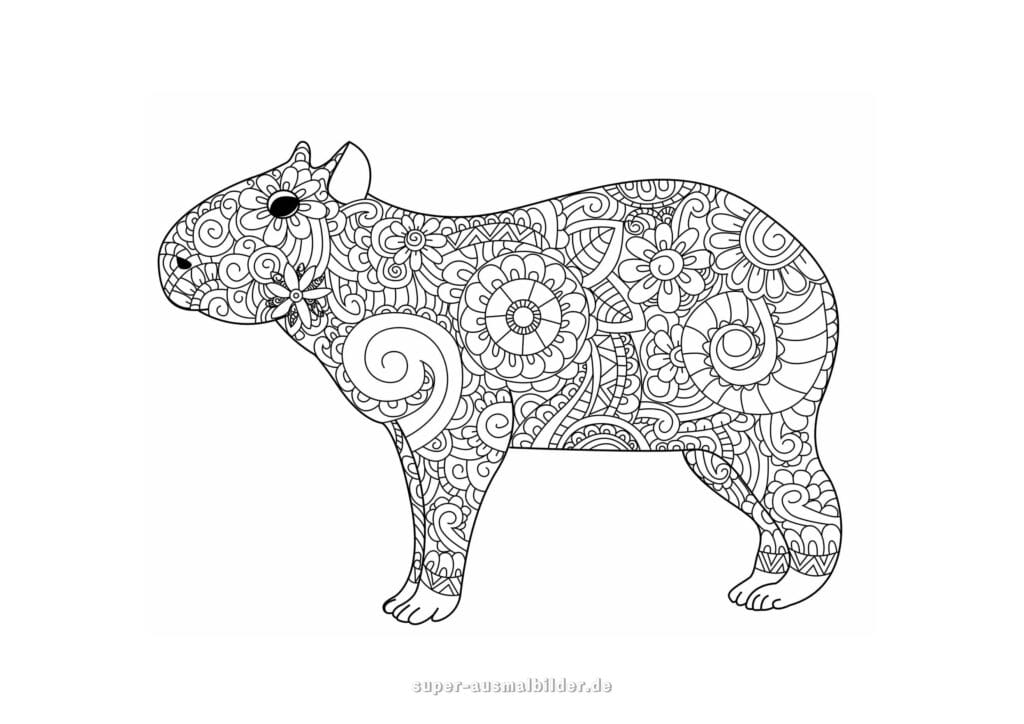 Tier Mandala Ausmalbild Capybara – Mandala Malvorlage mit Blumen und Spiralmustern, Tiermandala zum Ausmalen für Erwachsene, Mandala Bilder zum Ausdrucken