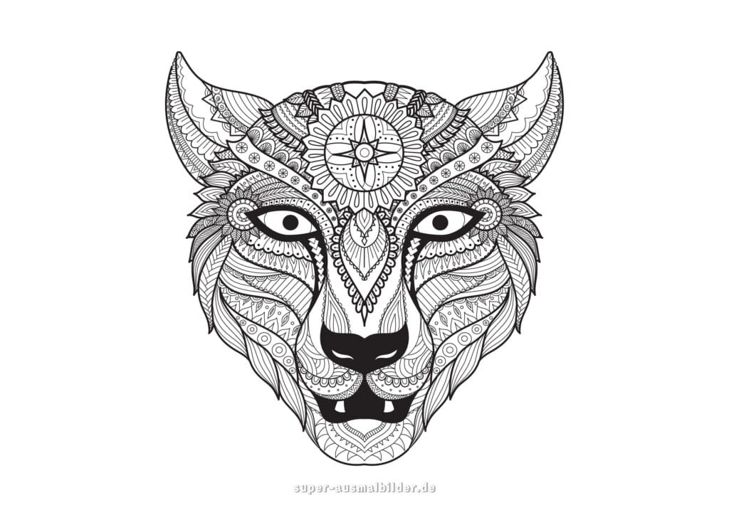 Wolf Mandala Ausmalbild – Mandala Wolfs­kopf mit Ornamenten, Tier Mandala Ausmalbilder kostenlos, Mandala zum Ausmalen Erwachsene