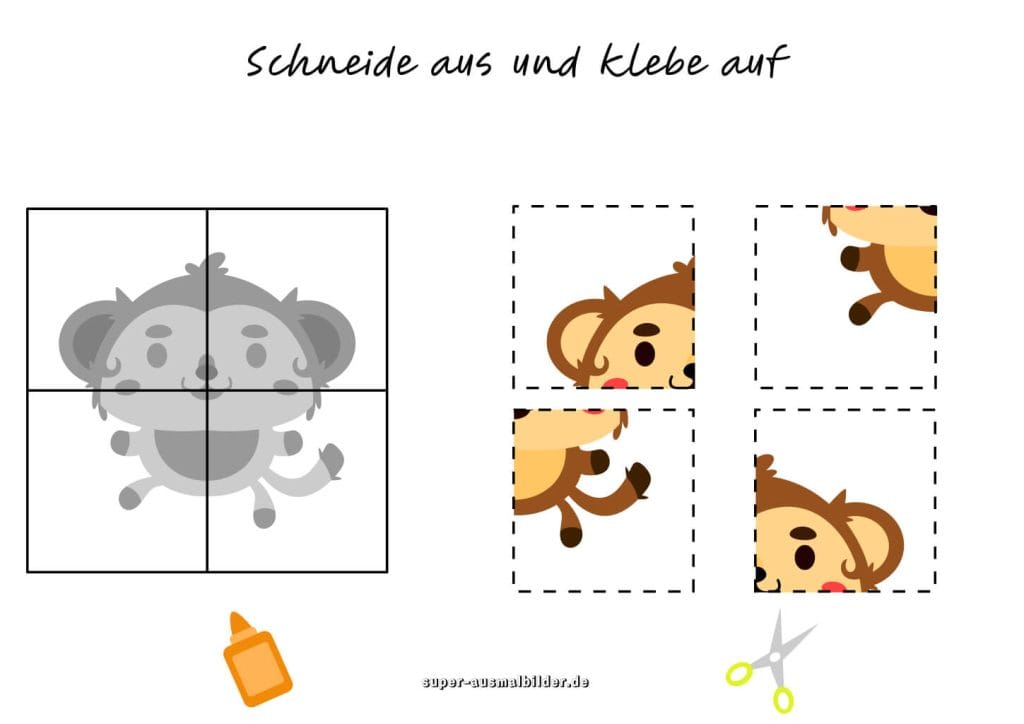 Affe Ausschneideübung für Kinder Schneide und klebe den lustigen Affen zusammen, gratis Arbeitsblatt für Vorschulkinder