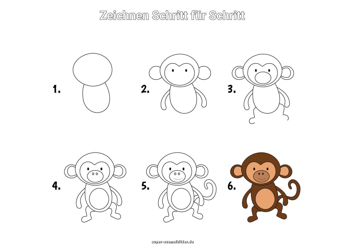 Affe zeichnen Schritt für Schritt – einfache Zeichenanleitung für Kinder mit süßem braunem Affen