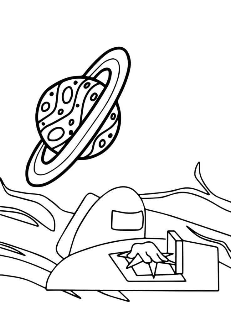 Among Us Ausmalbild – Crewmate auf fremdem Planeten mit Saturn, Weltraum Malvorlage kostenlos