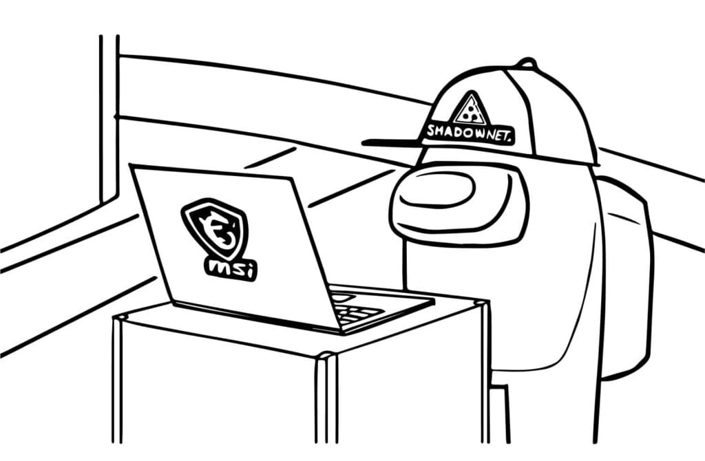 Among Us Ausmalbild – Crewmate mit Kappe sitzt am MSI Laptop mit SHADOWNET Logo, einfache kostenlose Malvorlage für Kinder und Fans