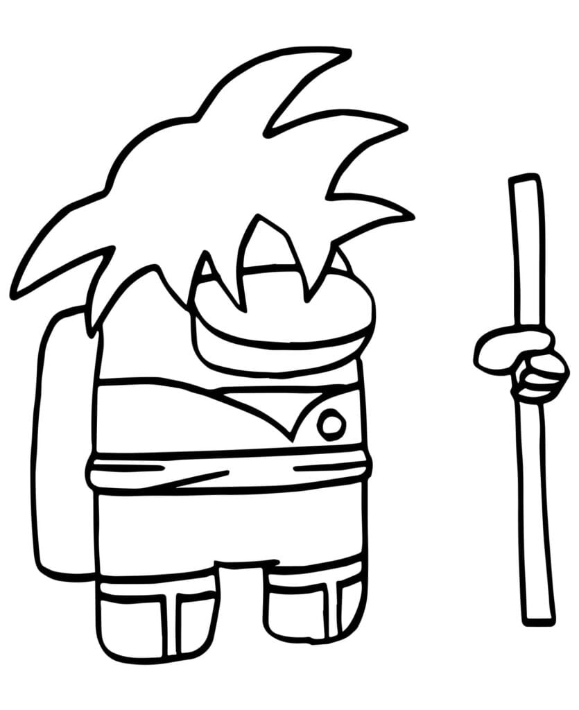 Among Us Ausmalbild – Crewmate mit Spiky Haaren und Stab, inspiriert von Dragon Ball, gratis zum Drucken