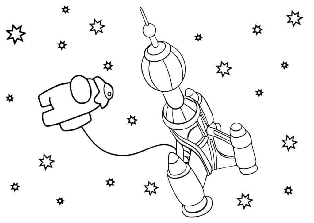 Among Us Malvorlage – Astronaut Crewmate im Weltall mit Rakete, schöne Weltraum Ausmalbilder gratis