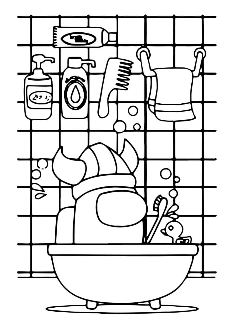 Among Us Malvorlage – Crewmate in der Badewanne mit Wikingerhelm, lustige Badezimmer Szene zum Drucken und Ausmalen