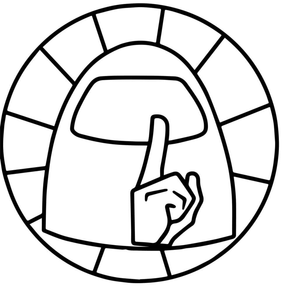 Among Us Malvorlage – Symbolisches Emblem mit Crewmate und „Shhh“ Geste im Kreis, einfache Ausmalbilder zum Drucken