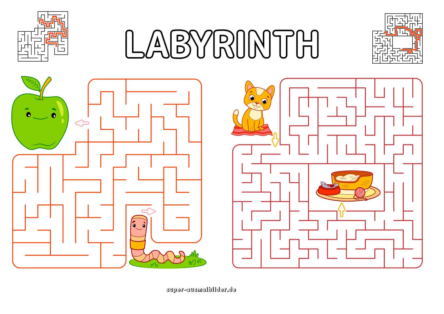 Apfel und Katze Labyrinth niedliche Labyrinthspiele für Kinder kostenlos ausdrucken