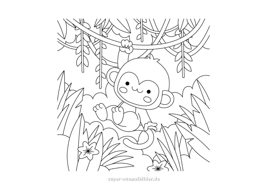Ausmalbild Affe im Dschungel – kleiner Affe hängt an einer Liane zwischen Blättern und Blumen, Malbild kostenlos für Kinder