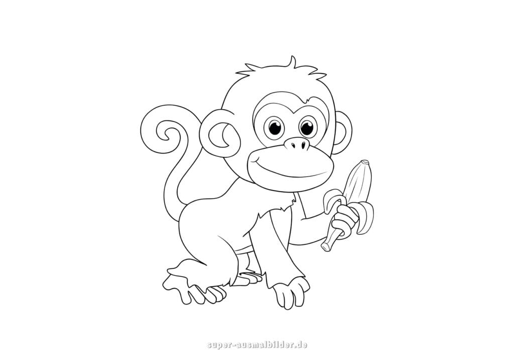Ausmalbild Affe mit Banane – süßer Affe hält eine Banane in der Hand, Malvorlage kostenlos zum Drucken für Kinder