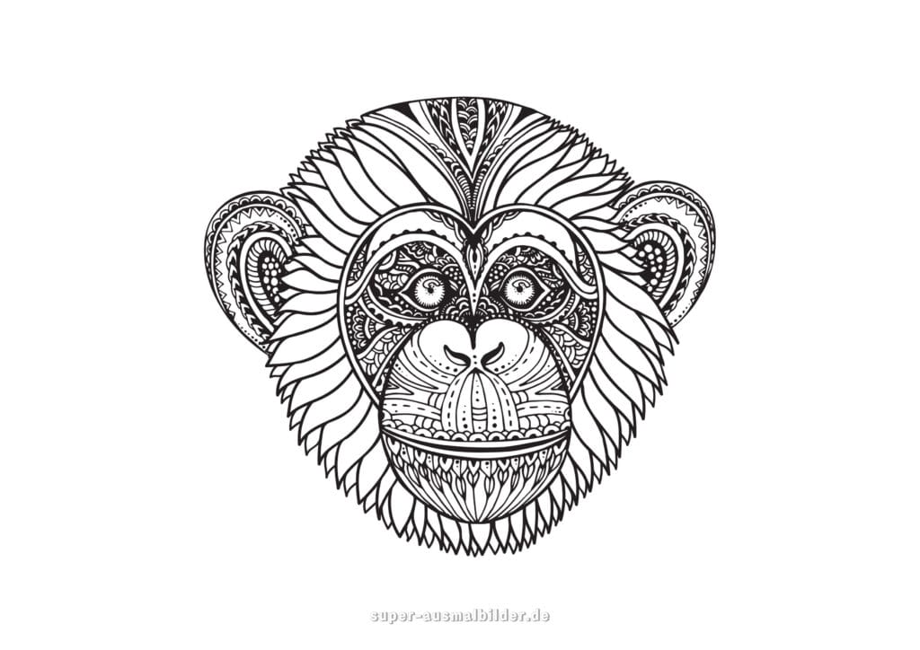 Ausmalbild Affe – dekorativer Mandala Kopf eines Affen, Malvorlage zum Entspannen und Ausmalen