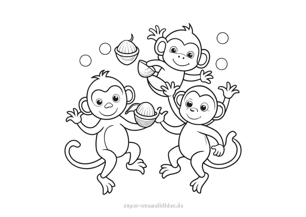 Ausmalbild Affe – drei spielende Affen mit Nüssen, lustige Malvorlage zum Ausmalen und Drucken für Kinder kostenlos