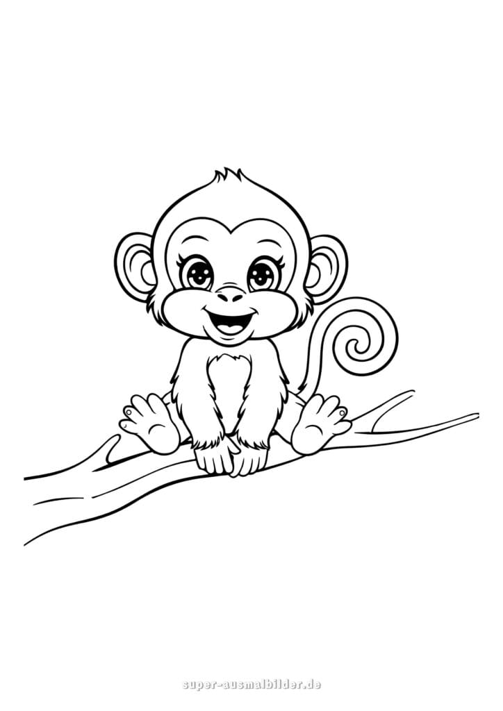 Ausmalbild Baby Affe – kleines süßes Äffchen sitzt auf einem Ast und lächelt, Malvorlage kostenlos