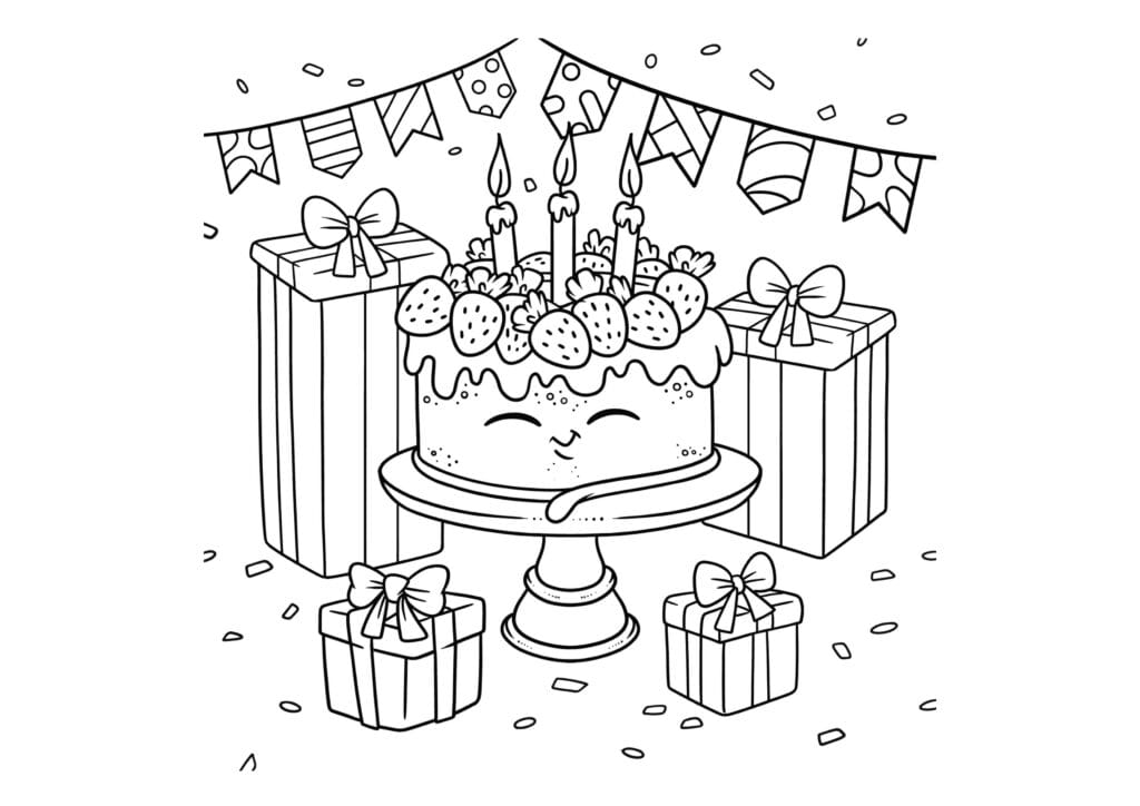 Ausmalbild Geburtstagstorte mit Erdbeeren, Geschenken und Girlanden süßes Malbild zum Geburtstag, kostenlos zum Ausdrucken und Ausmalen