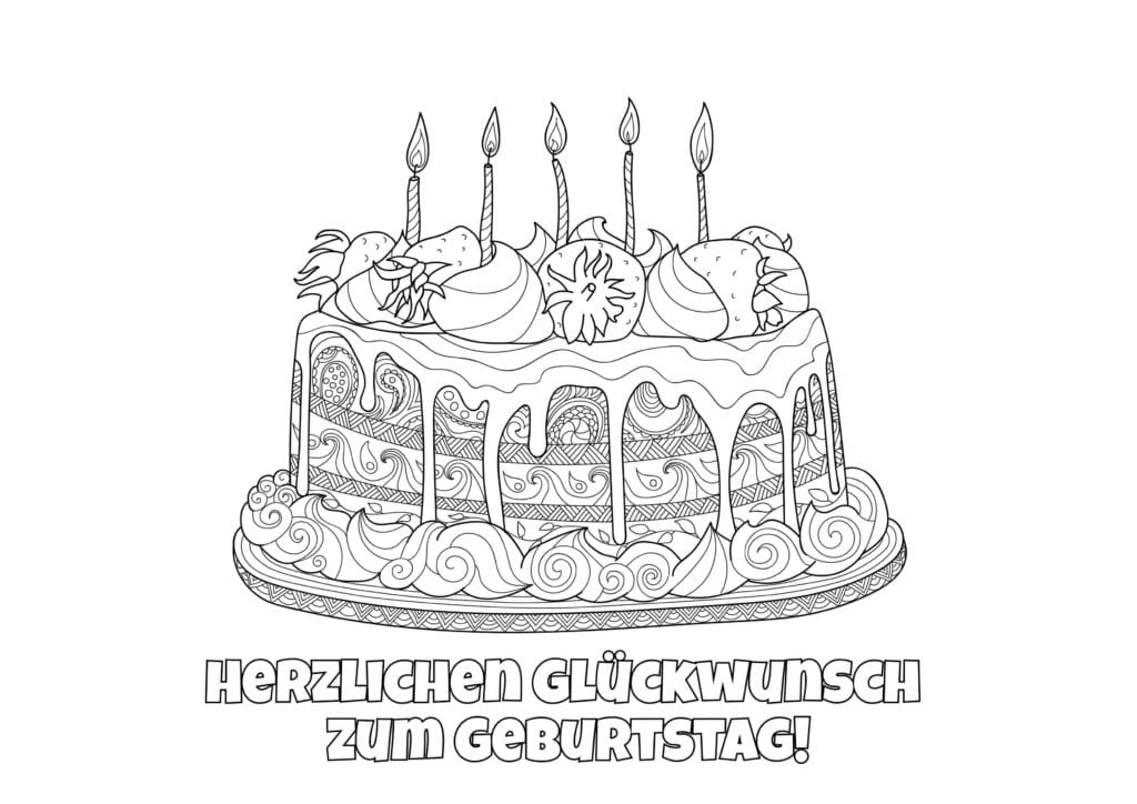 Ausmalbild Geburtstagstorte mit Erdbeeren und fünf Kerzen detaillierte Malvorlage mit Ornamenten, kostenlos zum Drucken für Kinder