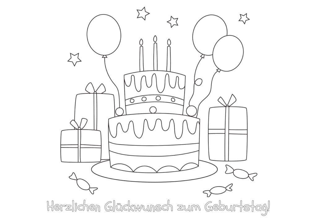 Ausmalbild Geburtstagstorte mit Geschenken und Luftballons festliche Malvorlage mit drei Kerzen, kostenlos zum Drucken für Kinder