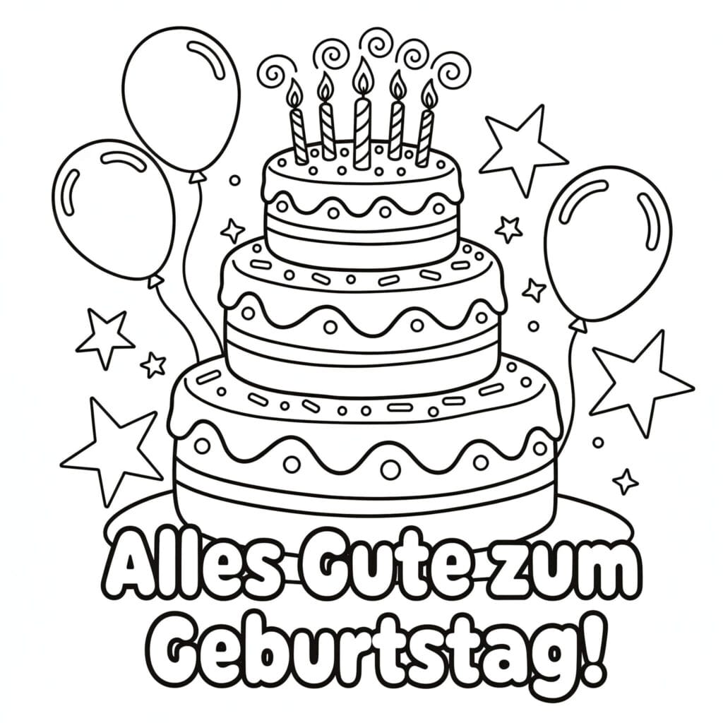 Ausmalbild Geburtstagstorte mit Kerzen und Sternen große dreistöckige Torte, kostenlose Malvorlage für Kinder zum Ausmalen