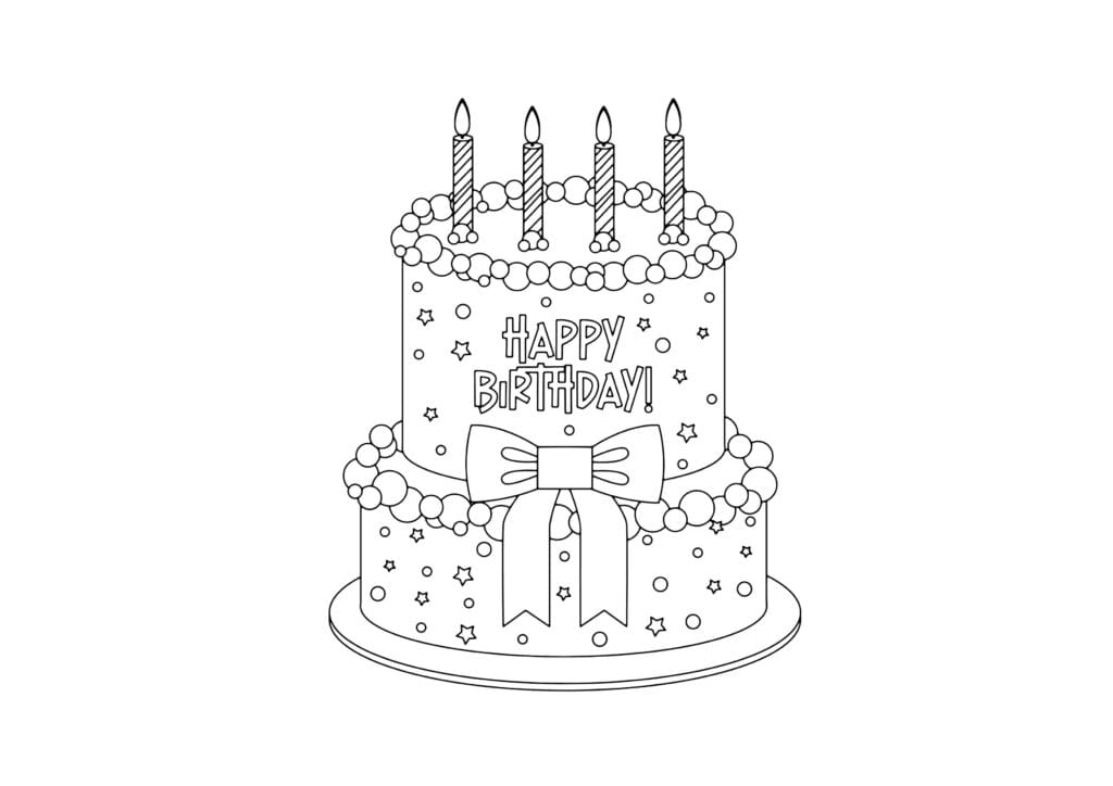 Ausmalbild Geburtstagstorte mit Schleife und Schriftzug Happy Birthday zweistöckige Torte mit Sternen, kostenlose Malvorlage zum Ausmalen