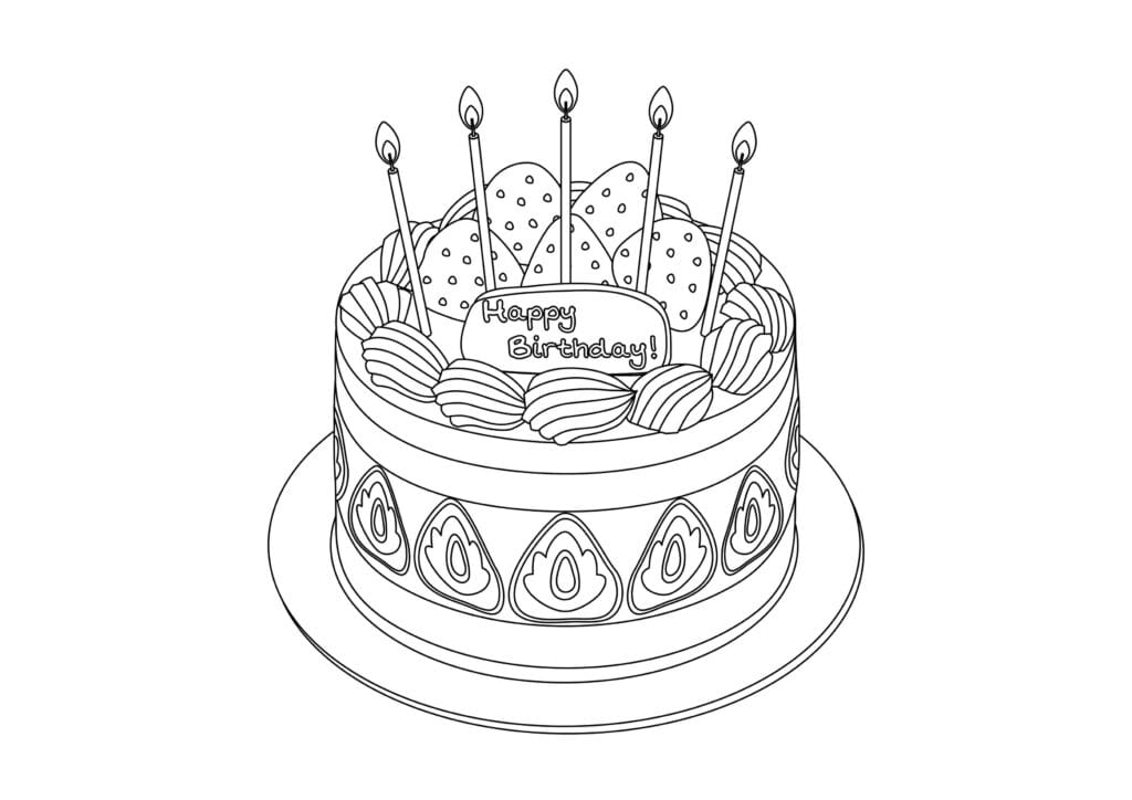 Ausmalbild Geburtstagstorte mit Schriftzug Happy Birthday und Kerzen runde Torte mit Erdbeeren, kostenlose Malvorlage für Kinder zum Ausmalen
