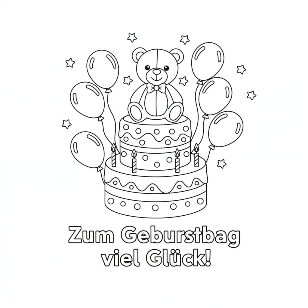 Ausmalbild Geburtstagstorte mit Teddybär und Luftballons niedliche Malvorlage zum Geburtstag, kostenlos zum Drucken für Kinder