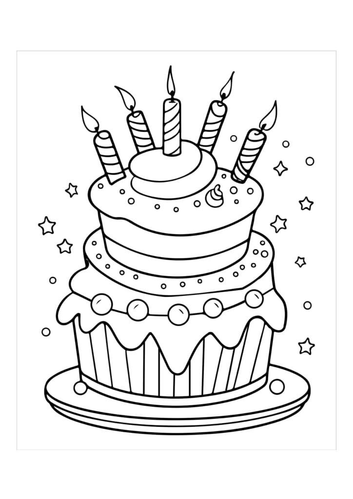 Ausmalbild Geburtstagstorte mit fünf Kerzen einfacher Kuchen mit Sternen, Malbild für Kinder zum Ausdrucken kostenlos