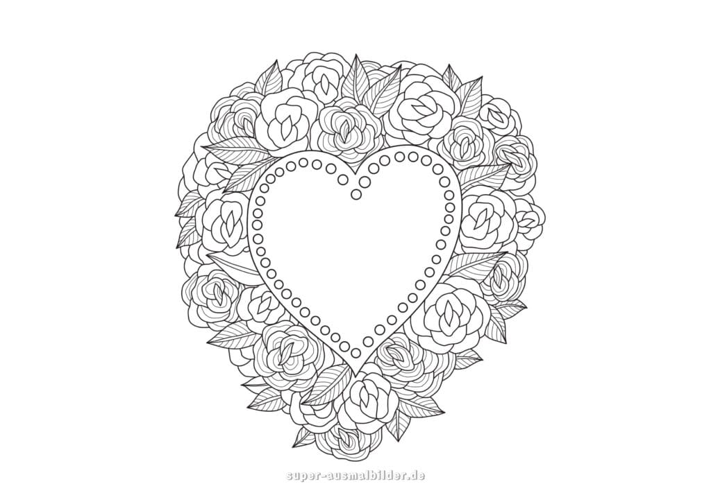 Ausmalbild Herz aus Rosen romantisches Herz aus Rosenblättern und Blüten, kreative Malvorlage kostenlos zum Drucken