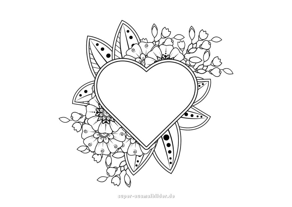 Ausmalbild Herz mit Blumenrahmen dekoratives Herz mit vielen Blüten und Blättern, Malvorlage zum Valentinstag oder Muttertag, kostenlos zum Drucken
