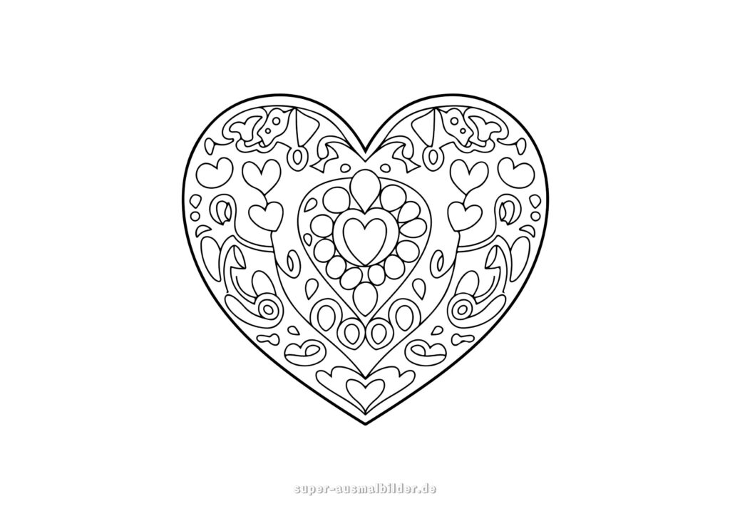 Ausmalbild Herz mit floralen Ornamenten kunstvolles Herzmuster mit Blumen und Blättern, Mandala Vorlage kostenlos zum Drucken