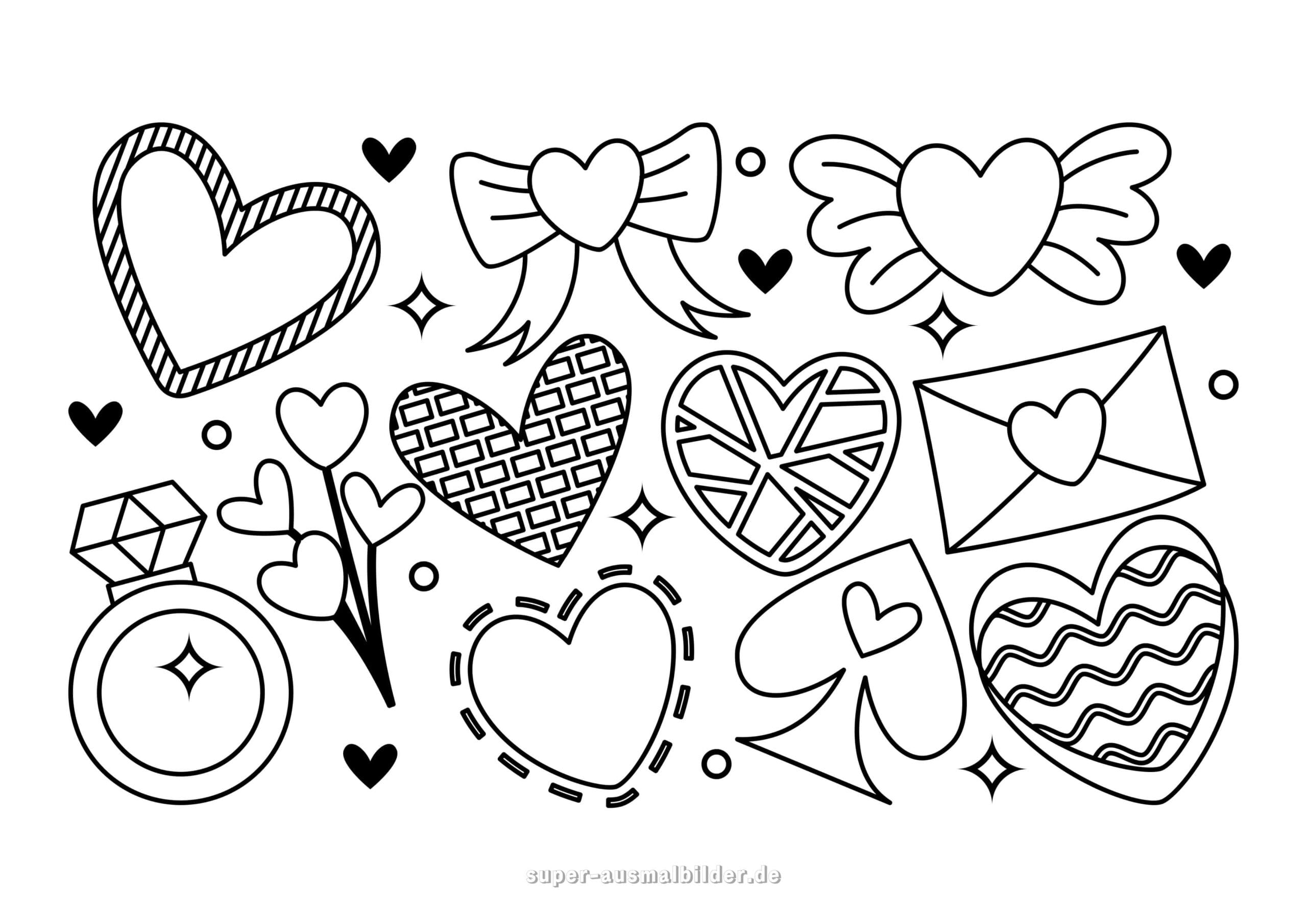 Ausmalbild Herzen und Liebe romantische Symbole wie Ring, Brief, Herz mit Schleife und Flügeln, schöne Vorlage zum Ausmalen und Basteln