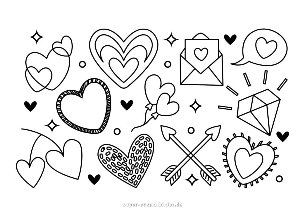 Ausmalbild Herzen und Liebessymbole Sammlung von Herzen, Liebesbrief, Luftballons, Pfeilen und Diamant, kreative Vorlage kostenlos zum Drucken für Kinder